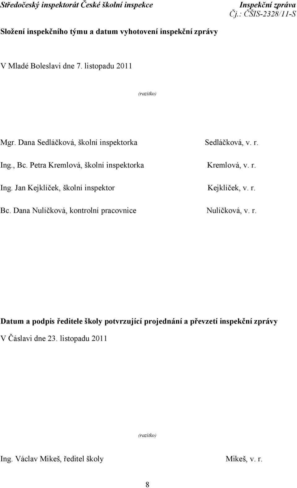 r. Bc. Dana Nulíčková, kontrolní pracovnice Nulíčková, v. r.