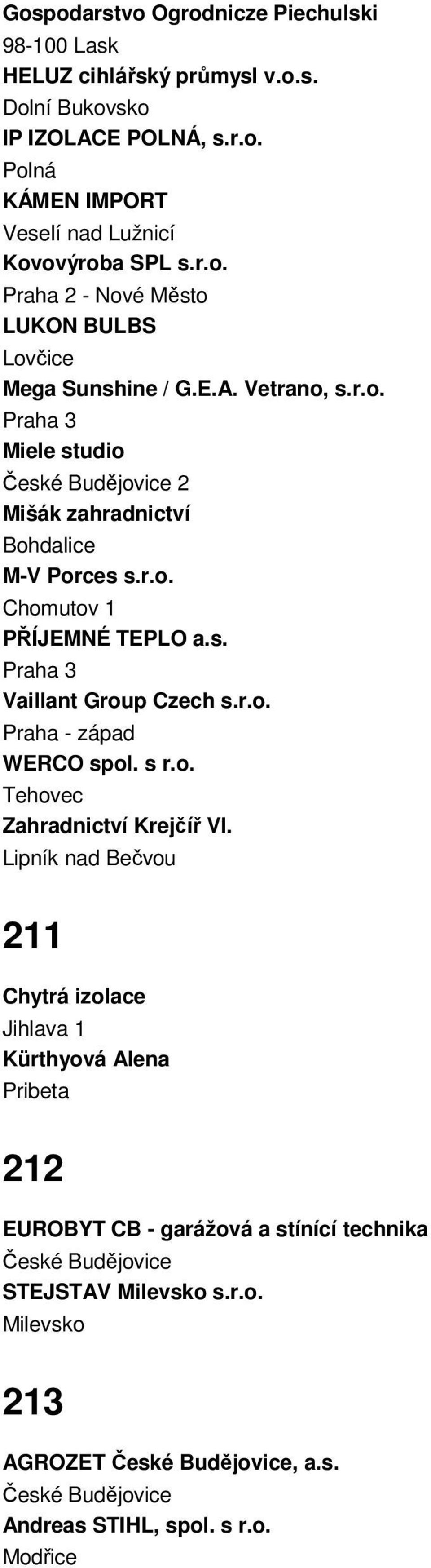 s. Praha 3 Vaillant Group Czech s.r.o. Praha - západ WERCO spol. s r.o. Tehovec Zahradnictví Krejčíř Vl.