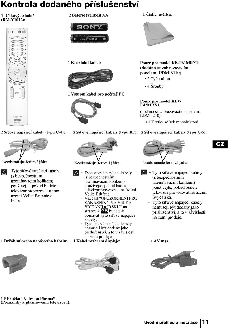 Síťové napájecí kabely (typu BF): 2 Síťové napájecí kabely (typu C-5): CZ Neodstraňujte feritová jádra.
