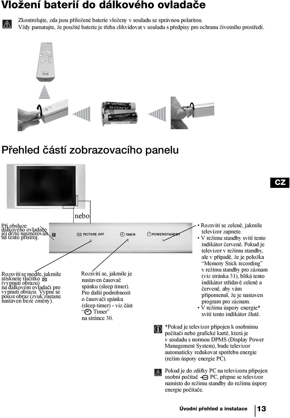 Přehled částí zobrazovacího panelu CZ Při obsluze dálkového ovladače jej držte nasměrován na tento přístroj.