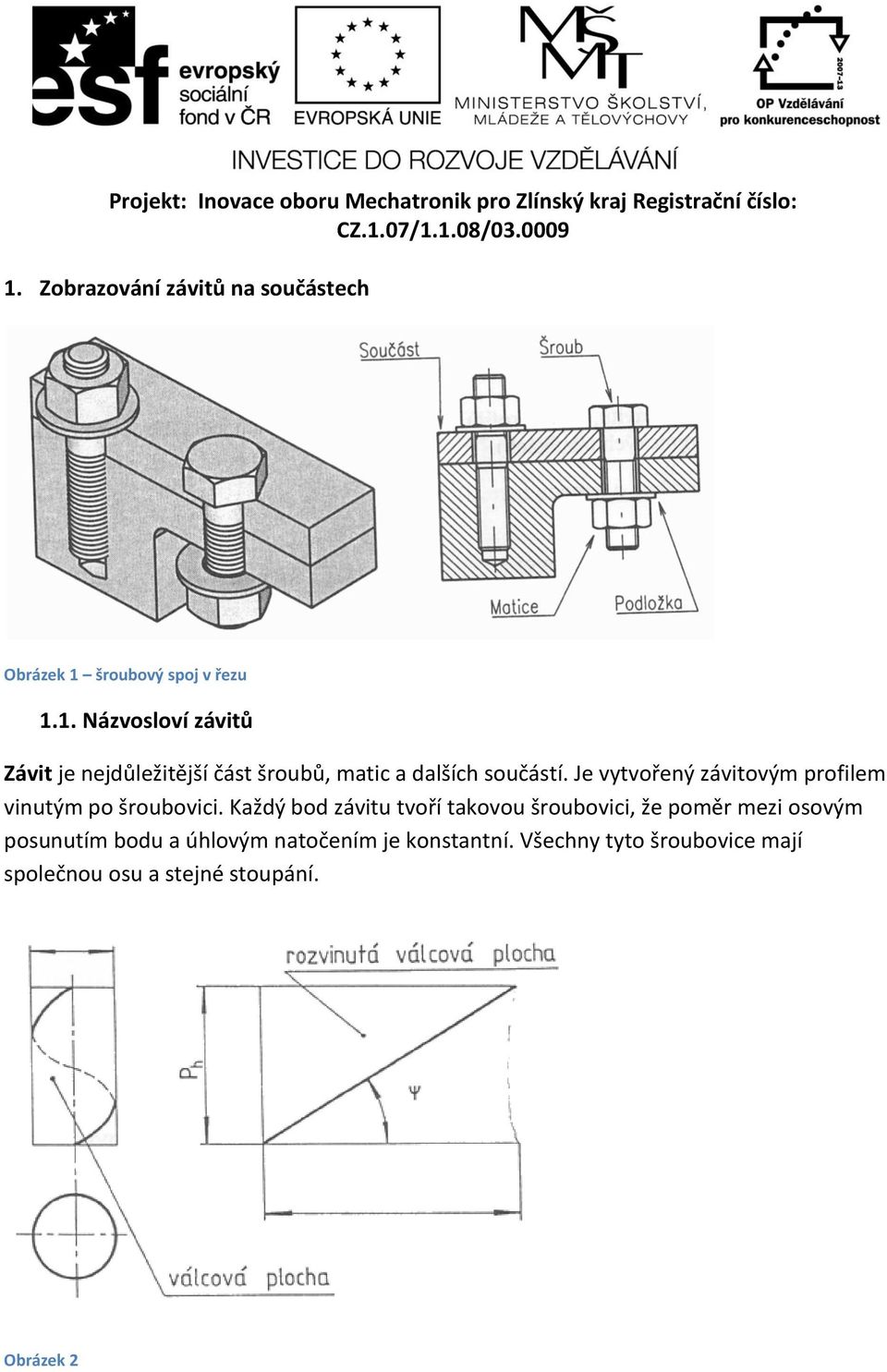 šroubový spoj v řezu 1.1. Názvosloví závitů Závit je nejdůležitější část šroubů, matic a dalších součástí.