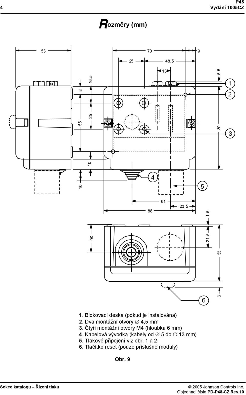 Čtyři montážní otvory M4 (hloubka 6 mm) 4. Kabelová vývodka (kabely od 5 do 13 mm) 5.