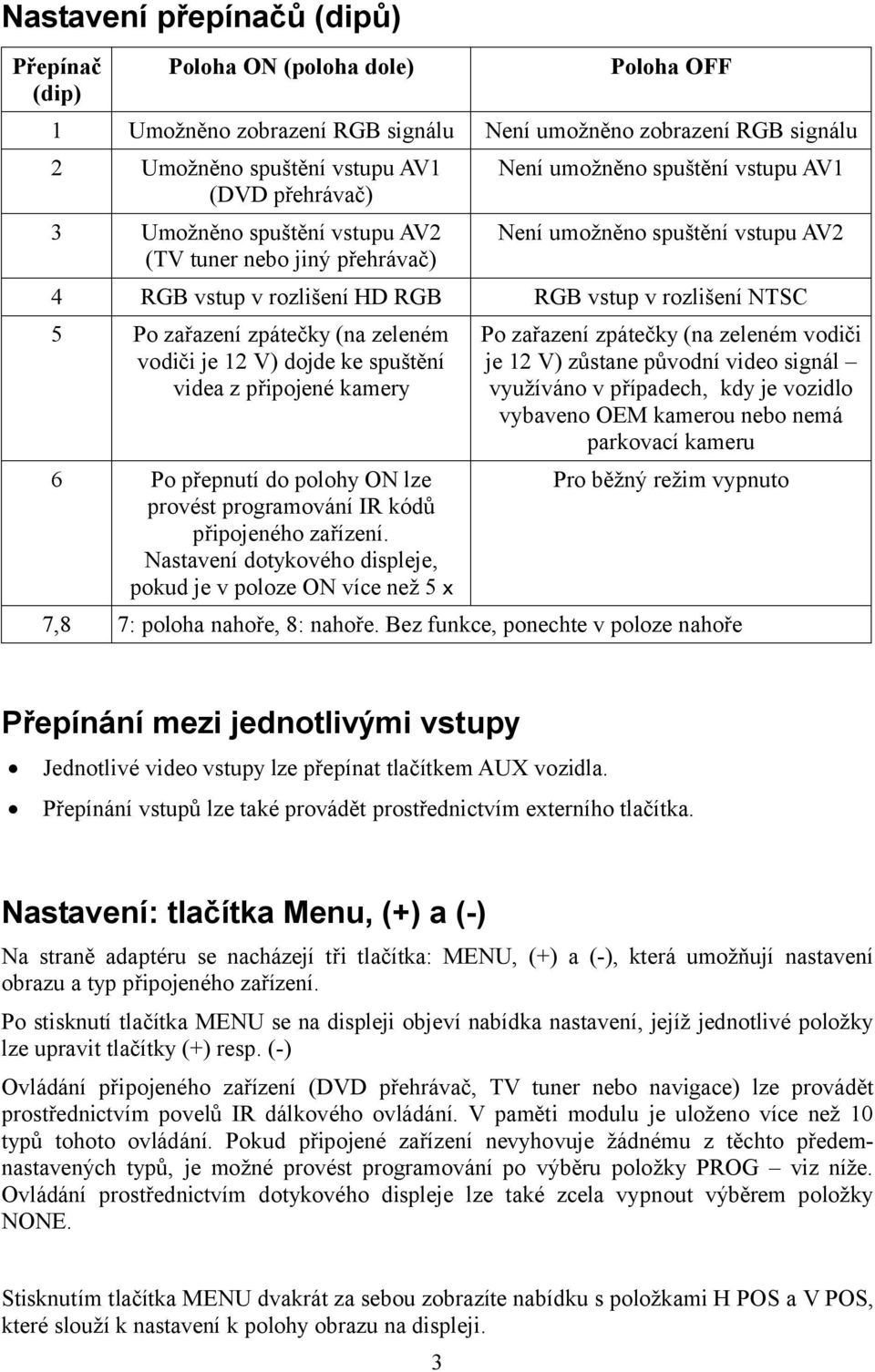 zpátečky (na zeleném vodiči je 12 V) dojde ke spuštění videa z připojené kamery 6 Po přepnutí do polohy ON lze provést programování IR kódů připojeného zařízení.