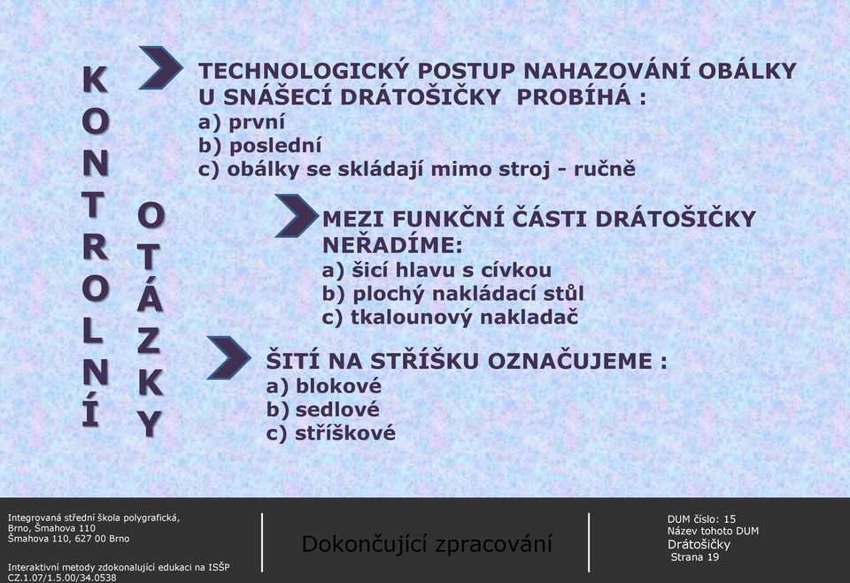 ČÁSTI DRÁTOŠIČKY NEŘADÍME: a) šicí hlavu s cívkou b) plochý nakládací stůl c) tkalounový