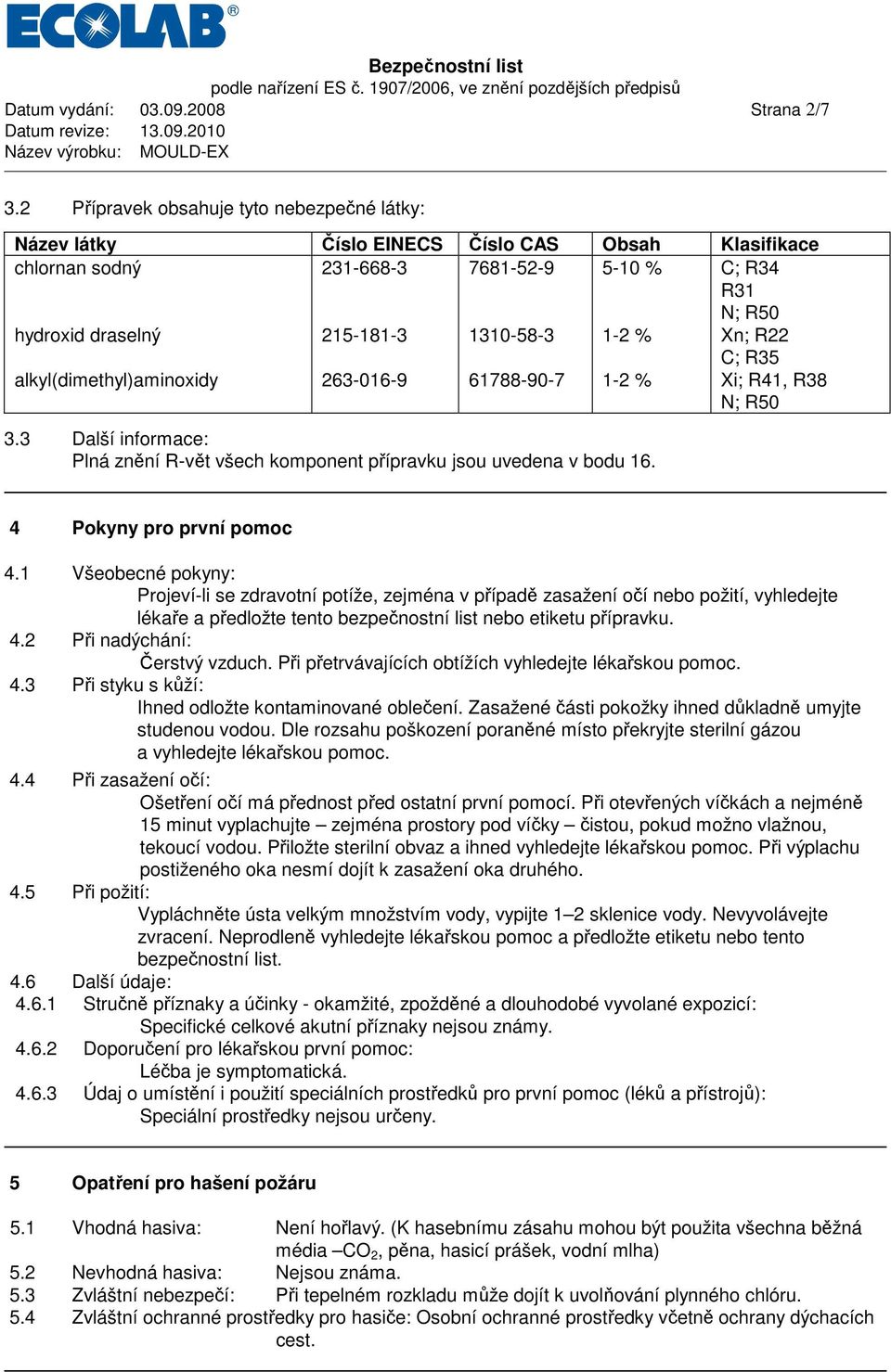 1310-58-3 61788-90-7 5-10 % 1-2 % 1-2 % C; R34 R31 N; R50 Xn; R22 C; R35 Xi; R41, R38 N; R50 3.3 Další informace: Plná znění R-vět všech komponent přípravku jsou uvedena v bodu 16.