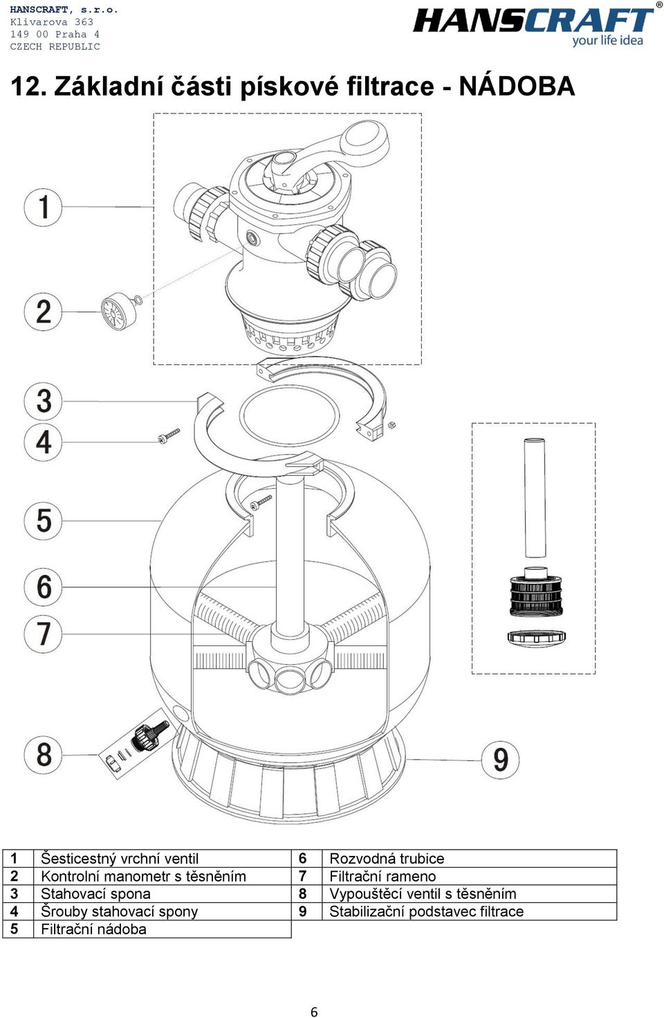 Filtrační rameno 3 Stahovací spona 8 Vypouštěcí ventil s těsněním 4