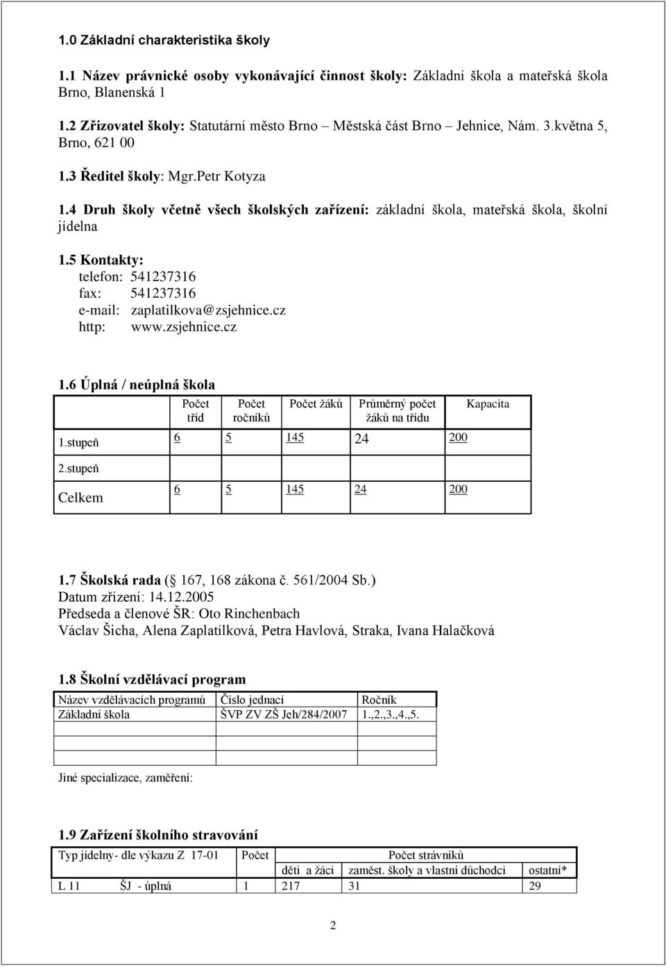 4 Druh školy včetně všech školských zařízení: základní škola, mateřská škola, školní jídelna 1.5 Kontakty: telefon: 541237316 fax: 541237316 e-mail: zaplatilkova@zsjehnice.cz http: www.zsjehnice.cz 1.