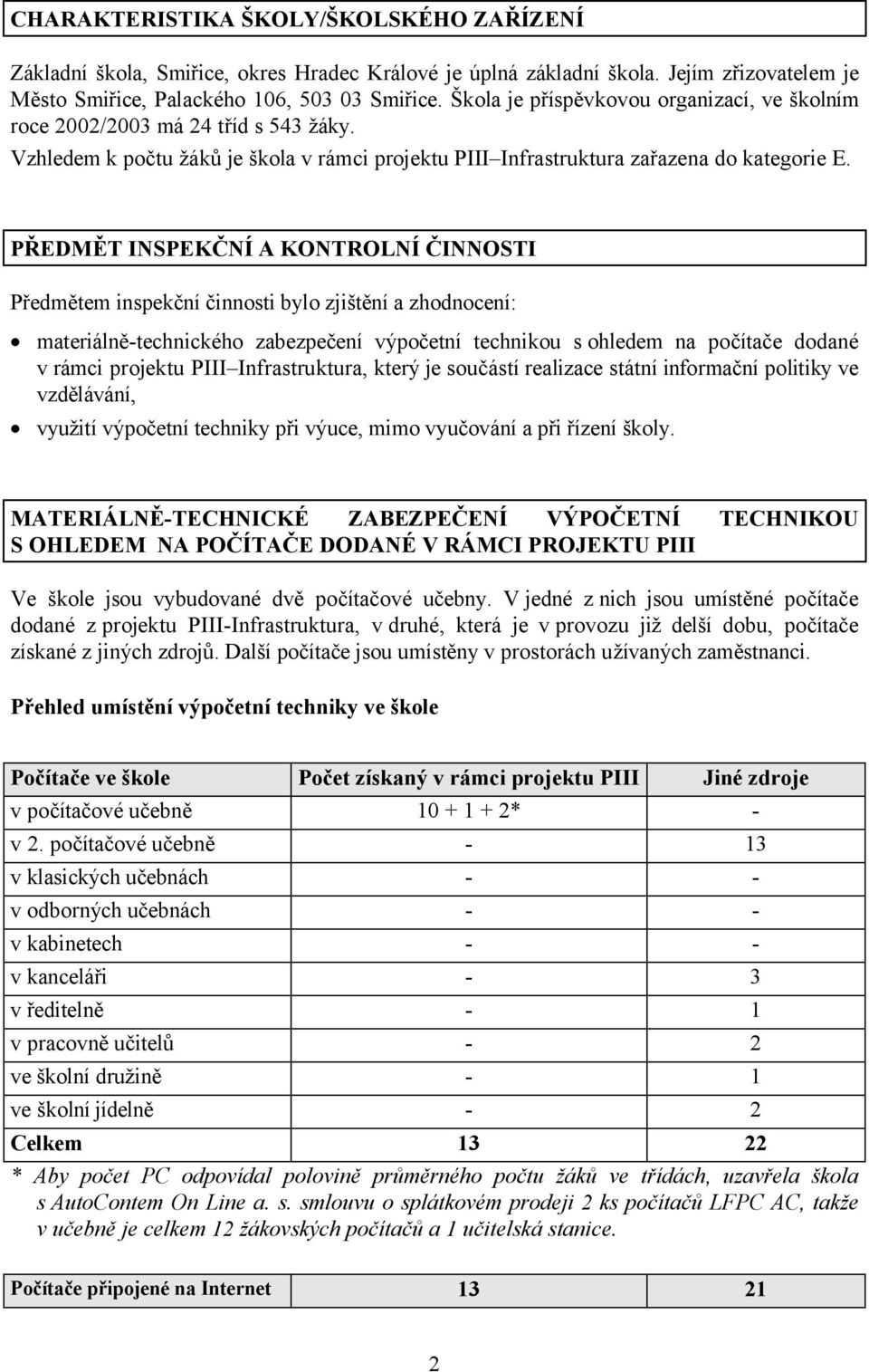 PŘEDMĚT INSPEKČNÍ A KONTROLNÍ ČINNOSTI Předmětem inspekční činnosti bylo zjištění a zhodnocení: materiálně-technického zabezpečení výpočetní technikou s ohledem na počítače dodané v rámci projektu