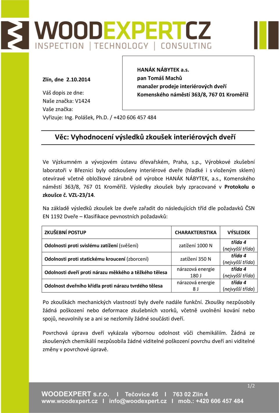 , Výrobkové zkušební laboratoři v Březnici byly odzkoušeny interiérové dveře (hladké i s vloženým sklem) otevíravé včetně obložkové zárubně od výrobce HANÁK NÁBYTEK, a.s., Komenského náměstí 363/8, 767 01 Kroměříž.