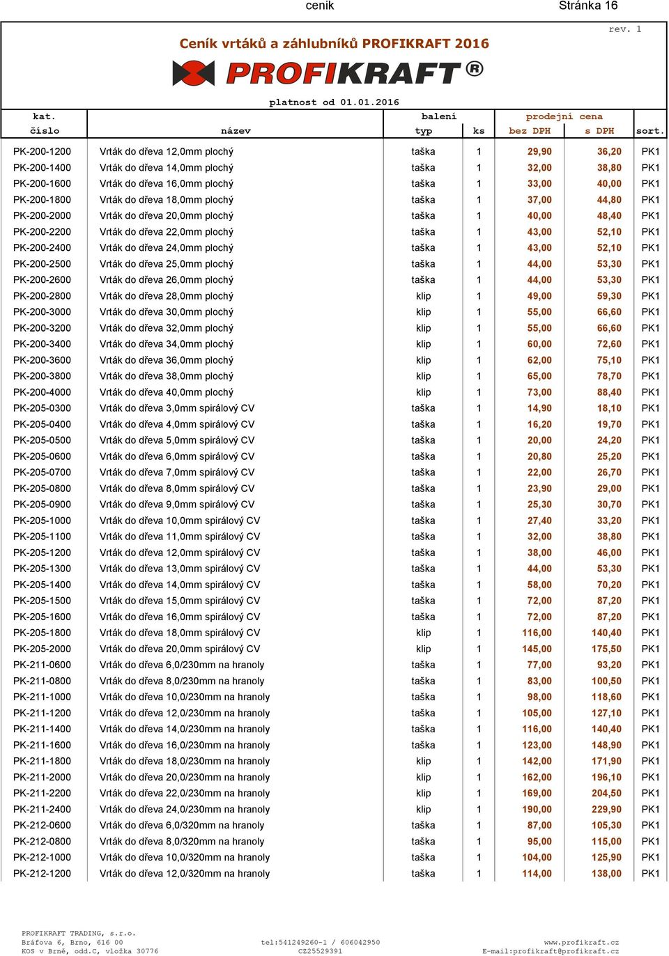 43,00 52,10 PK1 PK-200-2400 Vrták do dřeva 24,0mm plochý taška 1 43,00 52,10 PK1 PK-200-2500 Vrták do dřeva 25,0mm plochý taška 1 44,00 53,30 PK1 PK-200-2600 Vrták do dřeva 26,0mm plochý taška 1