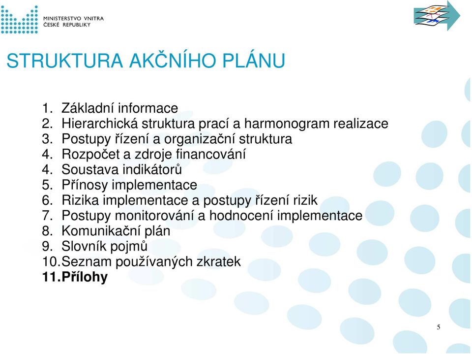 Rozpočet a zdroje financování 4. Soustava indikátorů 5. Přínosy implementace 6.