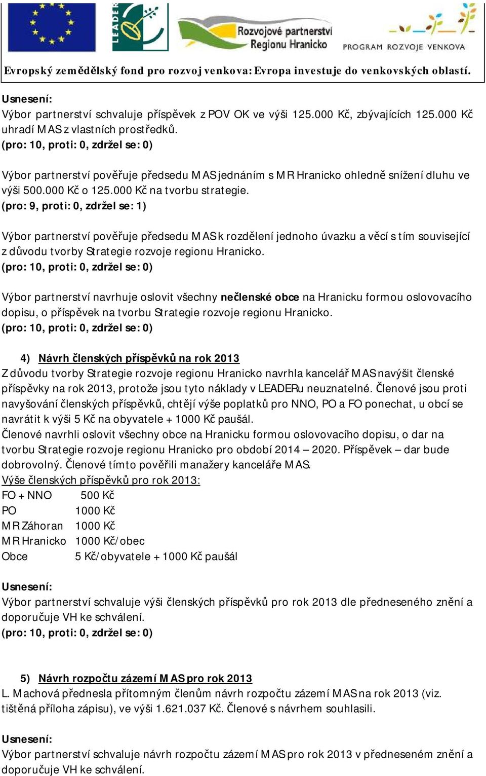 (pro: 9, proti: 0, zdržel se: 1) Výbor partnerství pověřuje předsedu MAS k rozdělení jednoho úvazku a věcí s tím související z důvodu tvorby Strategie rozvoje regionu Hranicko.