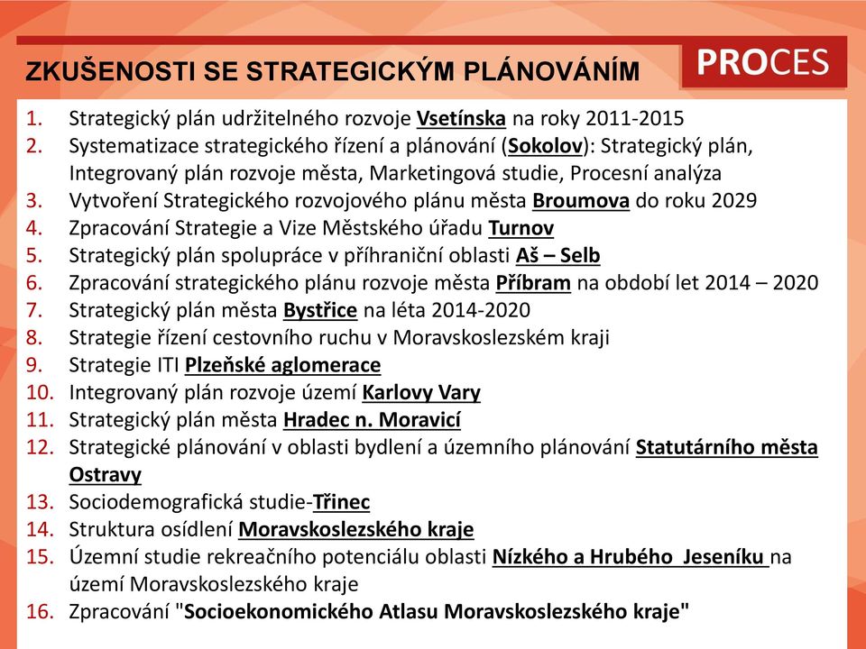 Vytvoření Strategického rozvojového plánu města Broumova do roku 2029 4. Zpracování Strategie a Vize Městského úřadu Turnov 5. Strategický plán spolupráce v příhraniční oblasti Aš Selb 6.