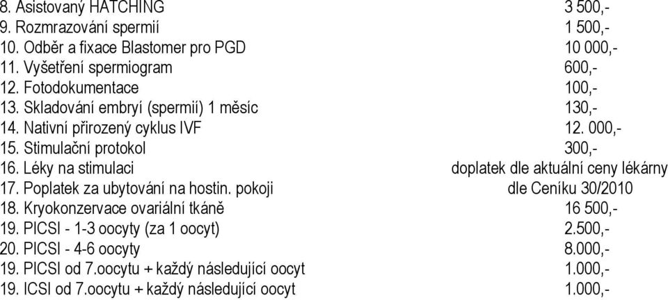 Léky na stimulaci doplatek dle aktuální ceny lékárny 17. Poplatek za ubytování na hostin. pokoji dle Ceníku 30/2010 18.