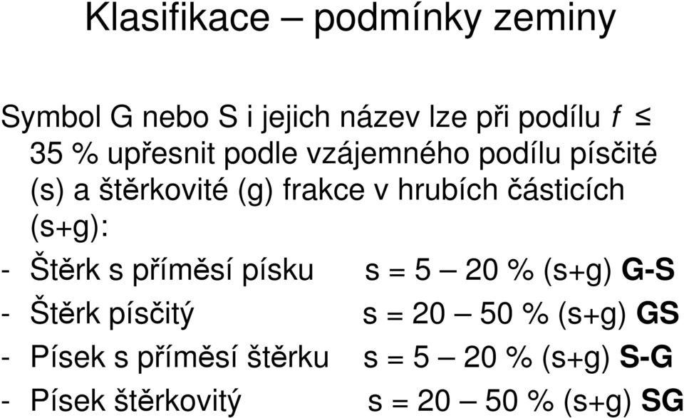 částicích (s+g): - Štěrk s příměsí písku s = 5 20 % (s+g) G-S - Štěrk písčitý s = 20