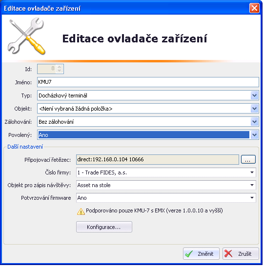 10 KMU-7 docházkový terminál 2.3 Přidání do serveru Do Asset serveru přidáte KMU-7 pomocí aplikace Asset console v záložce Ovladače>Seznam ovladačů.