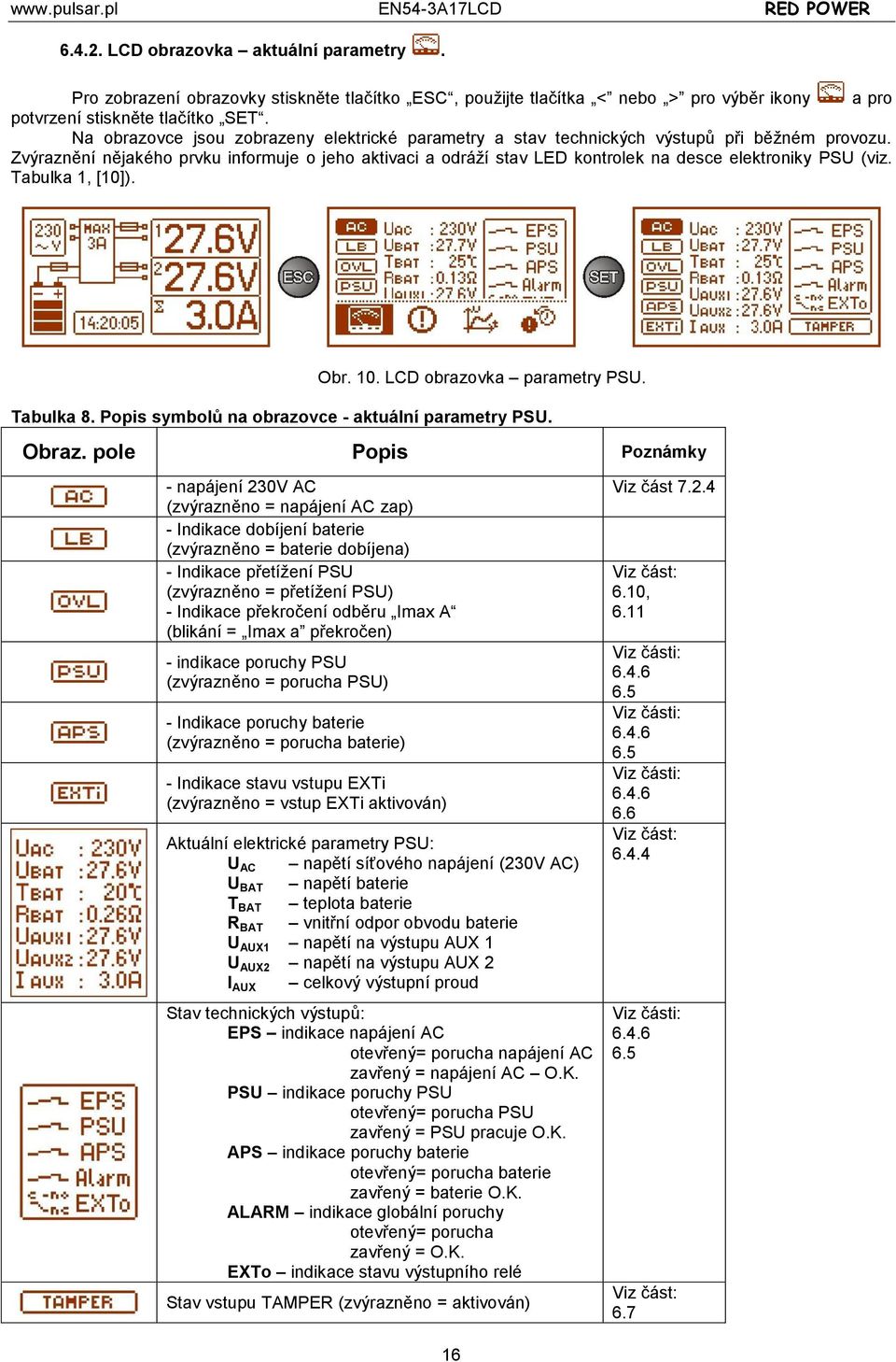 Zvýraznění nějakého prvku informuje o jeho aktivaci a odráží stav LED kontrolek na desce elektroniky PSU (viz. Tabulka 1, [10]). Obr. 10. LCD obrazovka parametry PSU. Tabulka 8.