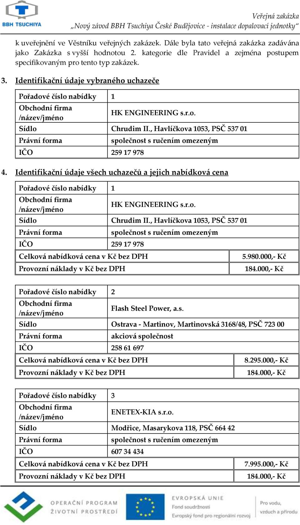 Identifikační údaje všech uchazečů a jejich nabídková cena Pořadové číslo nabídky 1 HK ENGINEERING s.r.o. Sídlo Chrudim II., Havlíčkova 1053, PSČ 537 01 IČO 259 17 978 5.980.000,- Kč 184.