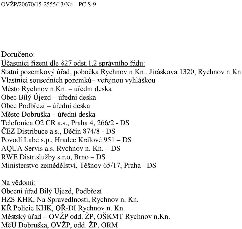 s., Praha 4, 266/2 - DS ČEZ Distribuce a.s., Děčín 874/8 - DS Povodí Labe s.p., Hradec Králové 951 DS AQUA Servis a.s. Rychnov n. Kn. DS RWE Distr.služby s.r.o, Brno DS Ministerstvo zemědělství, Těšnov 65/17, Praha - DS Na vědomí: Obecní úřad Bílý Újezd, Podbřezí HZS KHK, Na Spravedlnosti, Rychnov n.