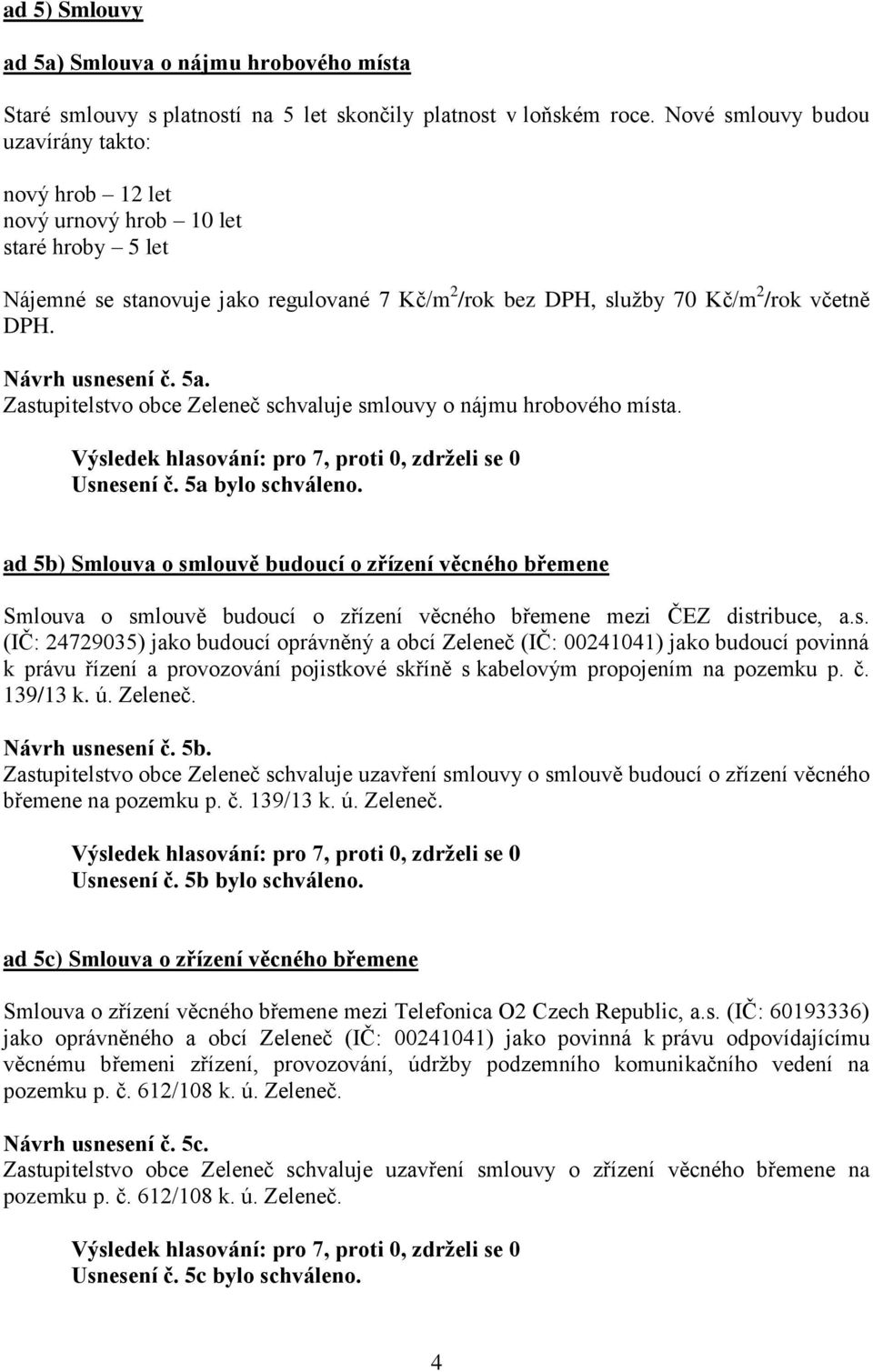 Návrh usnesení č. 5a. Zastupitelstvo obce Zeleneč schvaluje smlouvy o nájmu hrobového místa. Usnesení č. 5a bylo schváleno.