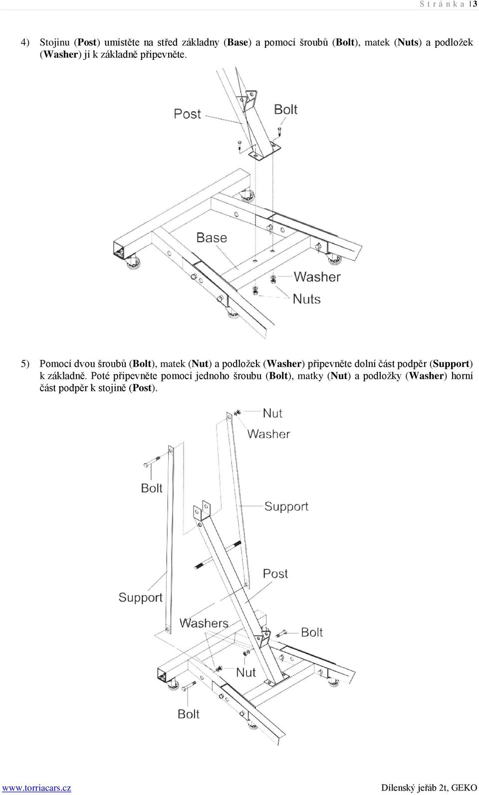 5) Pomocí dvou šroubů (Bolt), matek (Nut) a podložek (Washer) připevněte dolní část podpěr