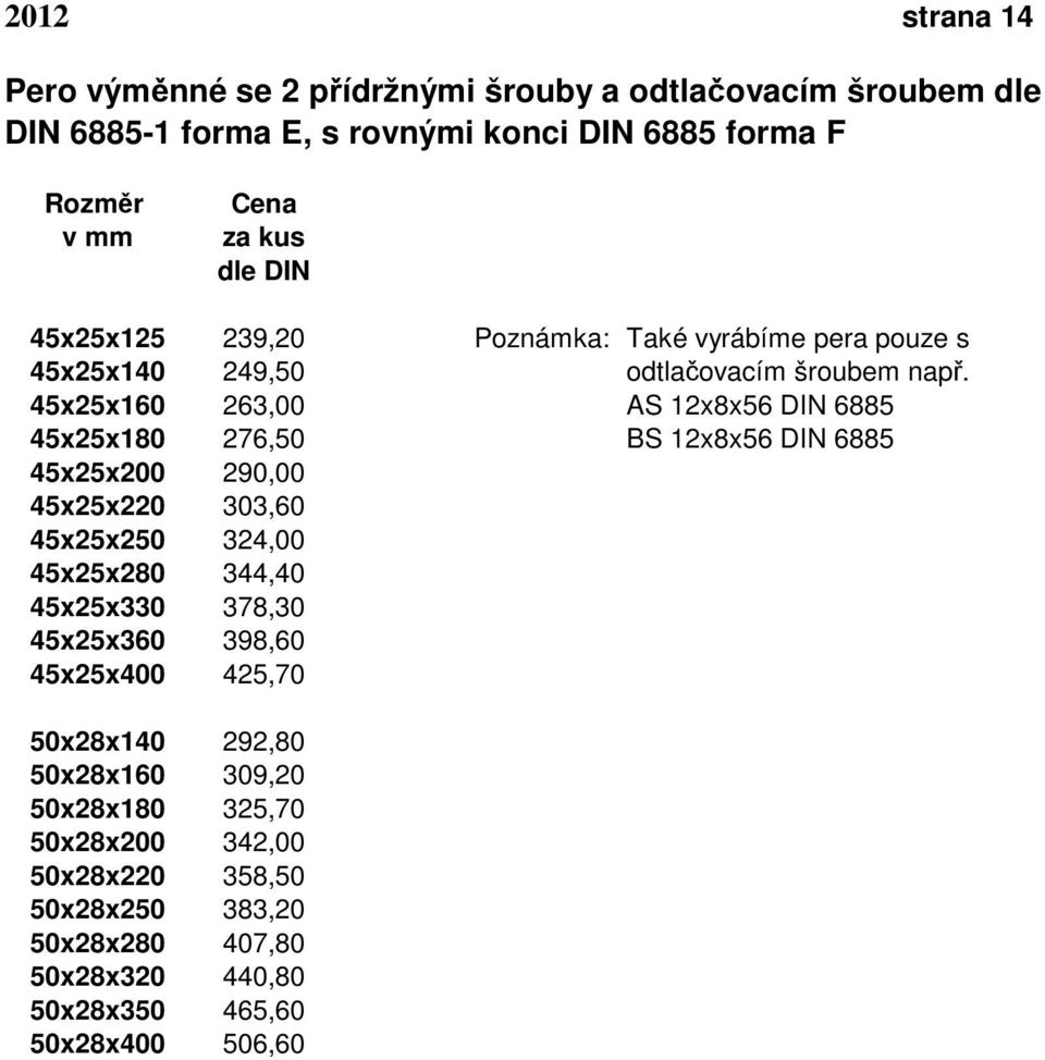 45x25x160 263,00 AS 12x8x56 DIN 6885 45x25x180 276,50 BS 12x8x56 DIN 6885 45x25x200 290,00 45x25x220 303,60 45x25x250 324,00 45x25x280 344,40 45x25x330