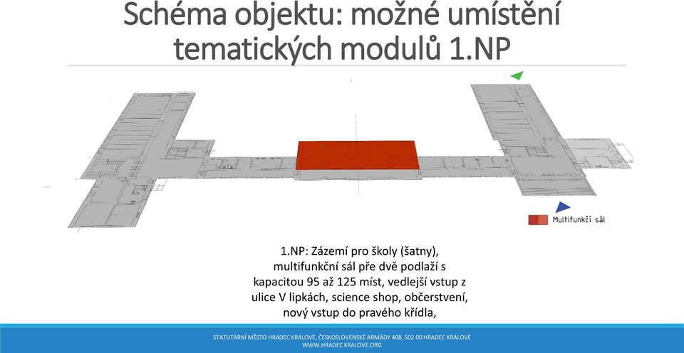 podlaží s kapacitou 95 až 125 míst, vedlejší vstup z ulice