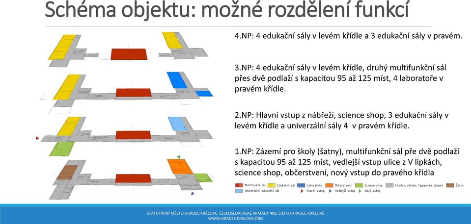 NP: 4 edukační sály v levém křídle, druhý multifunkční sál přes dvě podlaží s kapacitou 95 až 125 míst, 4 laboratoře v pravém křídle.