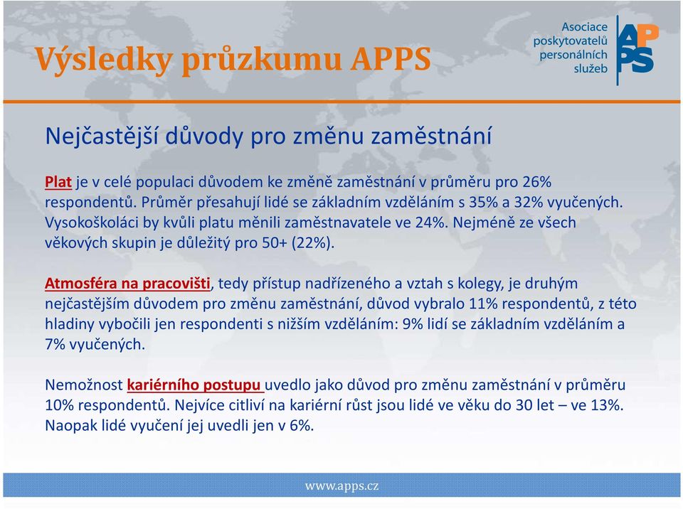 Atmosféra na pracovišti, tedy přístup nadřízeného a vztah s kolegy, je druhým nejčastějším důvodem pro změnu zaměstnání, důvod vybralo 11% respondentů, z této hladiny vybočili jen respondenti