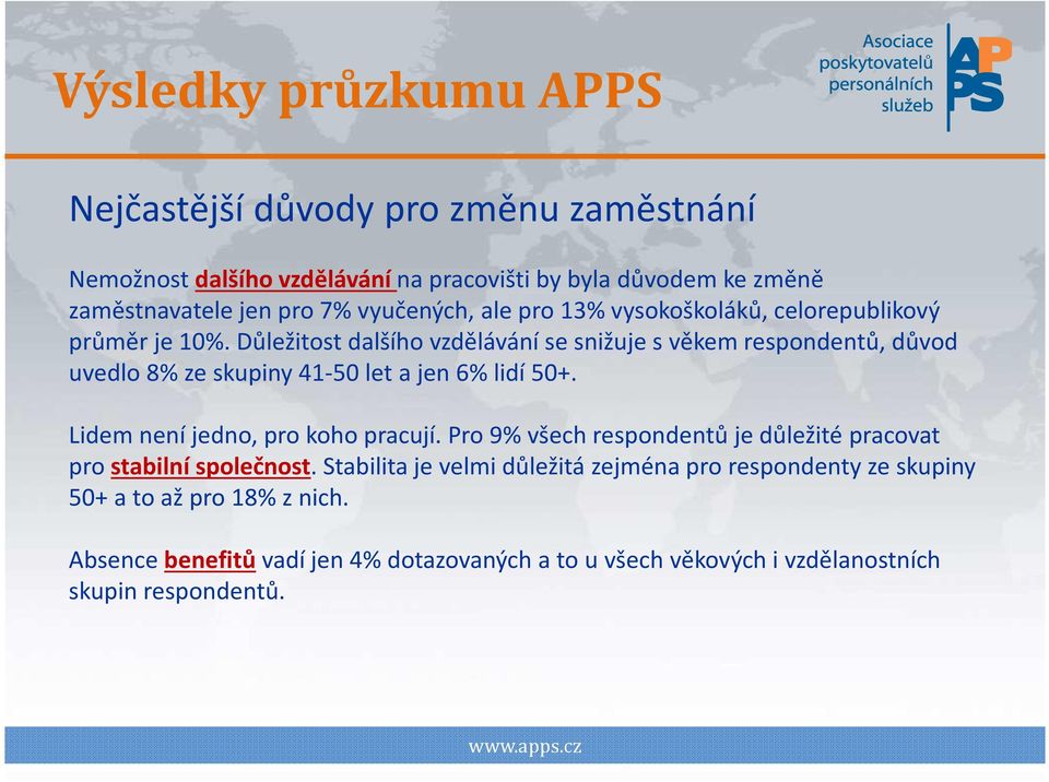 Důležitost dalšího vzdělávání se snižuje s věkem respondentů, důvod uvedlo 8% ze skupiny 41-50 let a jen 6% lidí 50+. Lidem není jedno, pro koho pracují.