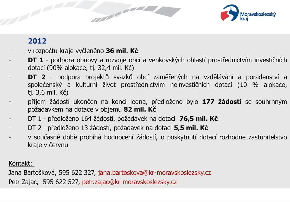 Kč) - příjem žádostí ukončen na konci ledna, předloženo bylo 177 žádostí se souhrnným požadavkem na dotace v objemu 82 mil. Kč - DT 1 - předloženo 164 žádostí, požadavek na dotaci 76,5 mil.