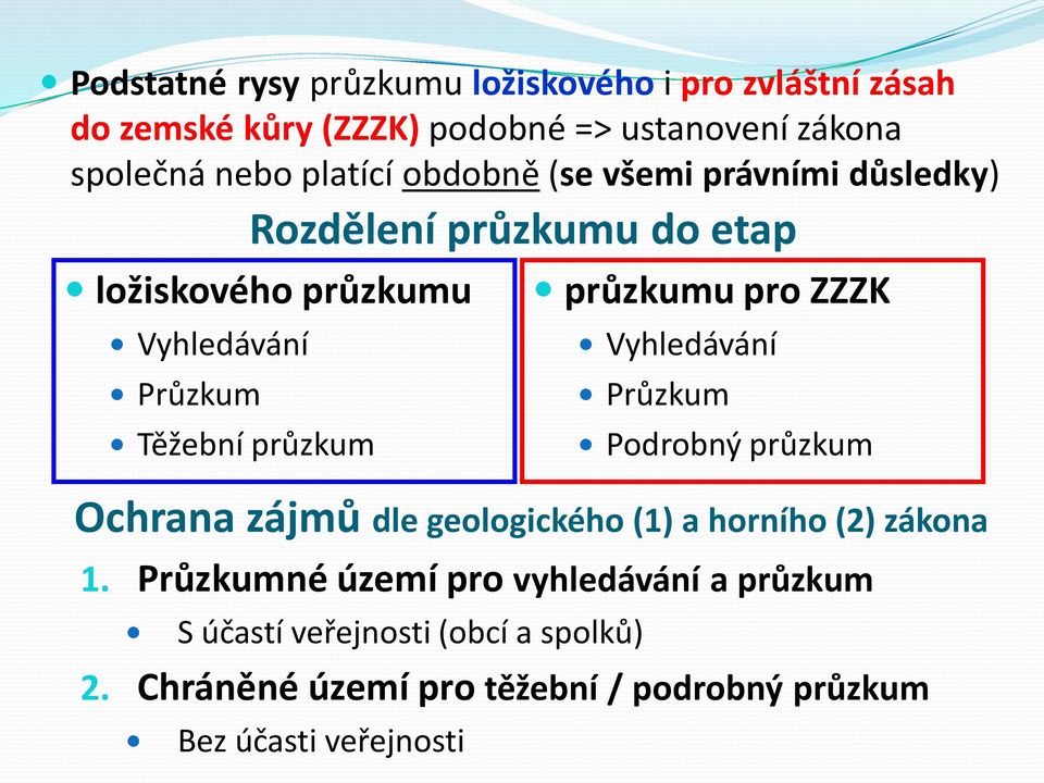 průzkumu pro ZZZK Vyhledávání Průzkum Podrobný průzkum Ochrana zájmů dle geologického (1) a horního (2) zákona 1.