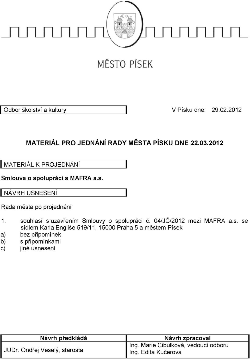 souhlasí s uzavřením Smlouvy o spolupráci č. 04/JČ/2012 mezi MAFRA a.s. se sídlem Karla Engliše 519/11, 15000 Praha 5 a městem