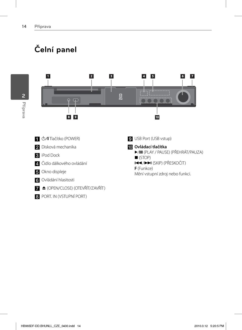 IN (VSTUPNÍ PORT) i USB Port (USB vstup) j Ovládací tlačítka B/X (PLAY / PAUSE) (PŘEHRÁT/PAUZA) x (STOP).