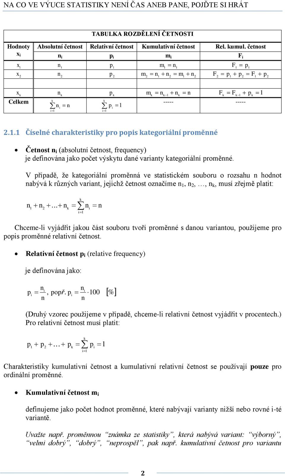V případě, že ategoriálí proměá ve statisticém souboru o rozsahu hodot abývá růzých variat, jejichž četost ozačíme 1,,,, musí zřejmě platit:.