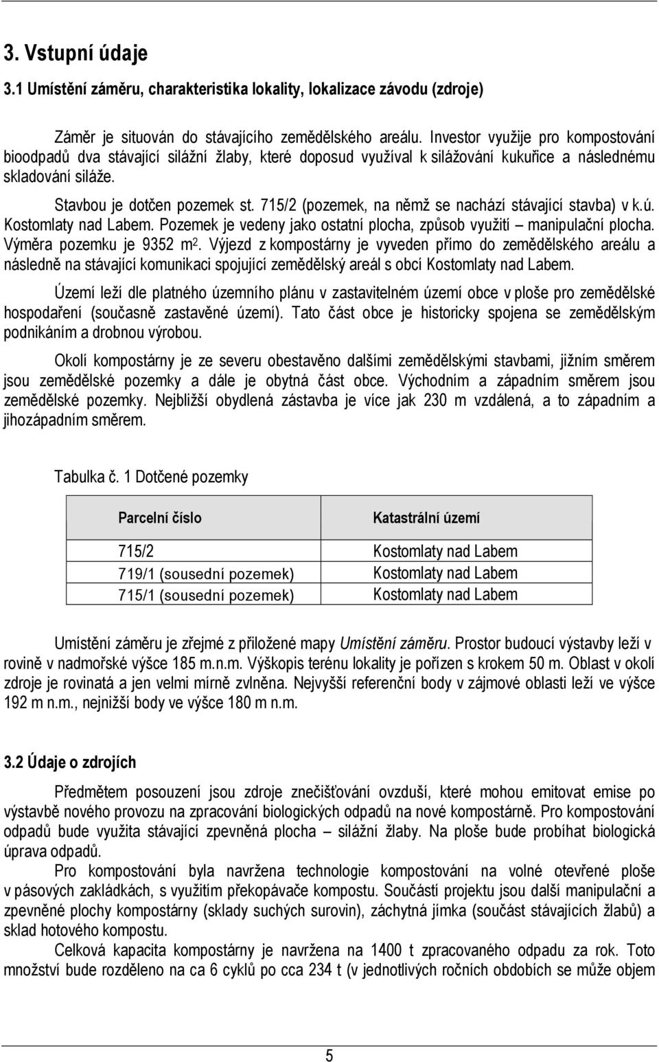 715/2 (pozemek, na němž se nachází stávající stavba) v k.ú. Kostomlaty nad Labem. Pozemek je vedeny jako ostatní plocha, způsob využití manipulační plocha. Výměra pozemku je 9352 m 2.