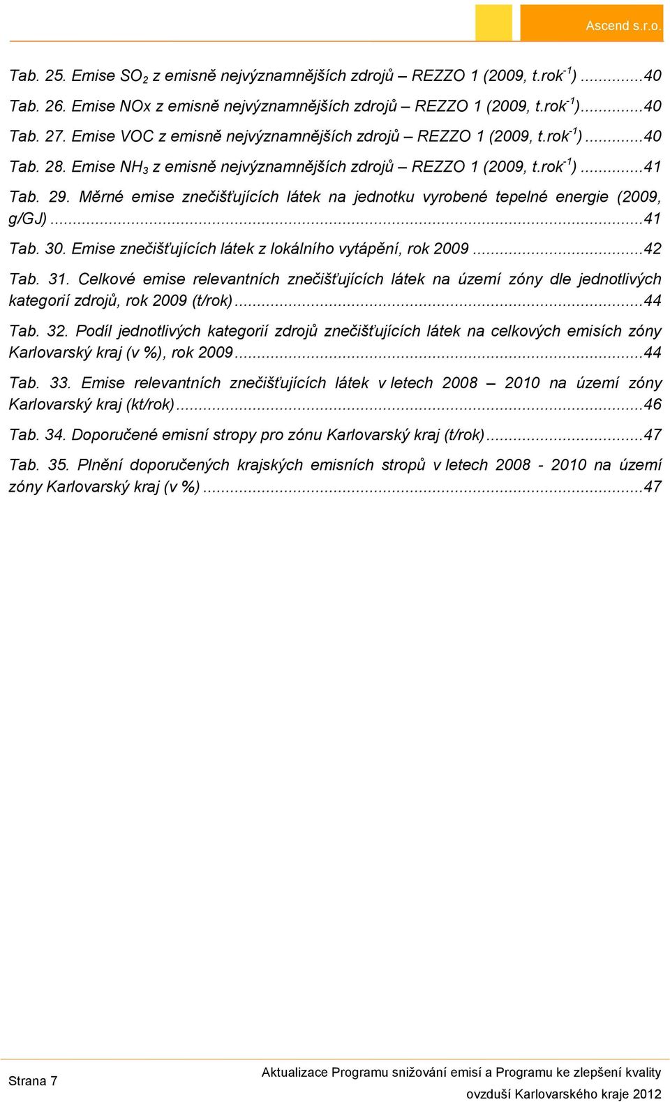 Měrné emise znečišťujících látek na jednotku vyrobené tepelné energie (2009, g/gj)...41 Tab. 30. Emise znečišťujících látek z lokálního vytápění, rok 2009...42 Tab. 31.