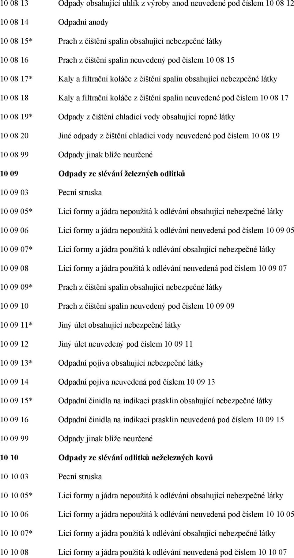 Odpady z čištění chladicí vody obsahující ropné látky 10 08 20 Jiné odpady z čištění chladicí vody neuvedené pod číslem 10 08 19 10 08 99 Odpady jinak blíže neurčené 10 09 Odpady ze slévání železných