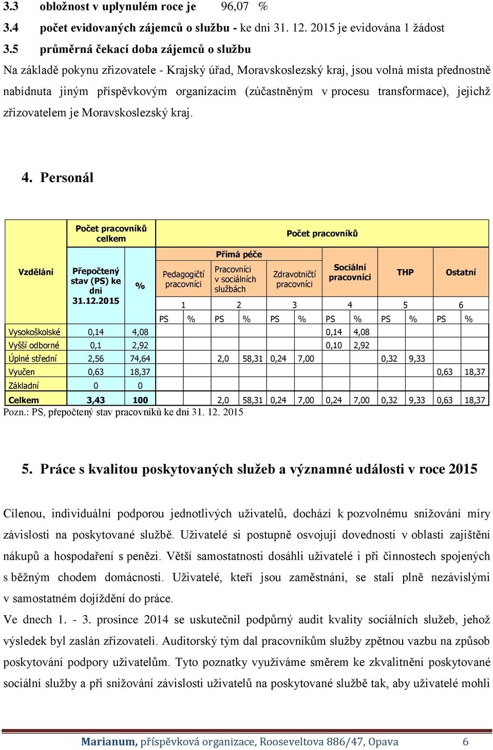 transformace), jejichž zřizovatelem je Moravskoslezský kraj. 4. Personál Počet pracovníků celkem Počet pracovníků Vzdělání Přepočtený stav (PS) ke dni 31.12.