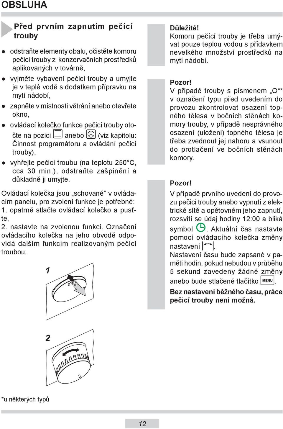 ovládání pečicí trouby), vyhřejte pečicí troubu (na teplotu 250, cca 30 min.), odstraňte zašpinění a důkladně ji umyjte.