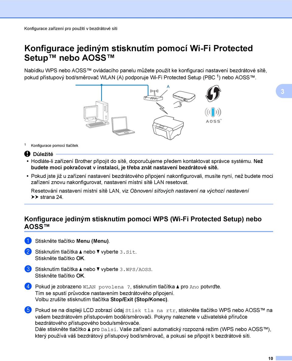 A 3 1 Konfigurace pomocí tlačítek Důležité Hodláte-li zařízení Brother připojit do sítě, doporučujeme předem kontaktovat správce systému.