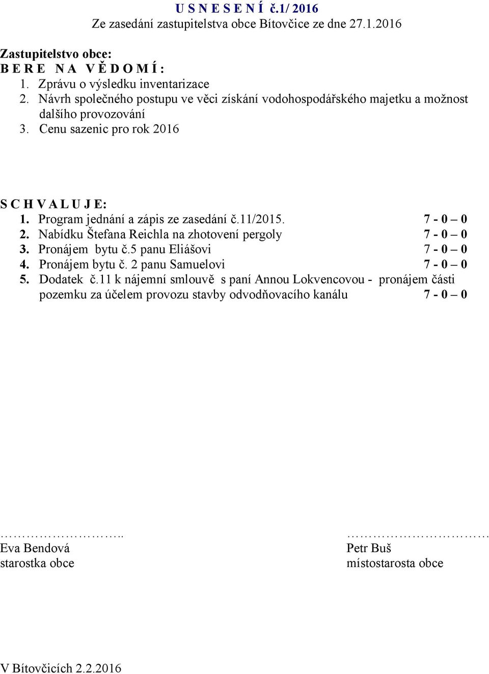 Program jednání a zápis ze zasedání č.11/2015. 7-0 0 2. Nabídku Štefana Reichla na zhotovení pergoly 7-0 0 3. Pronájem bytu č.5 panu Eliášovi 7-0 0 4. Pronájem bytu č. 2 panu Samuelovi 7-0 0 5.