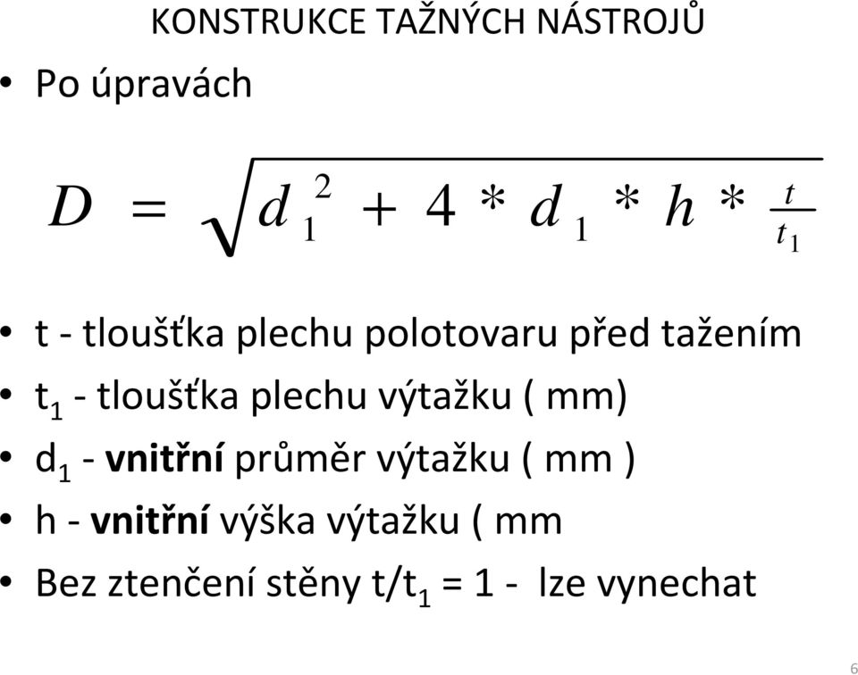 plechu výtažku ( mm) d 1 -vnitřní průměr výtažku ( mm ) h