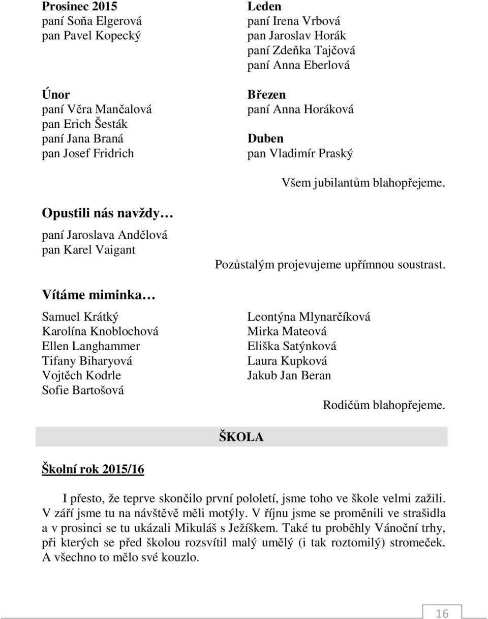 Opustili nás navždy paní Jaroslava Andělová pan Karel Vaigant Vítáme miminka Samuel Krátký Karolína Knoblochová Ellen Langhammer Tifany Biharyová Vojtěch Kodrle Sofie Bartošová Pozůstalým projevujeme