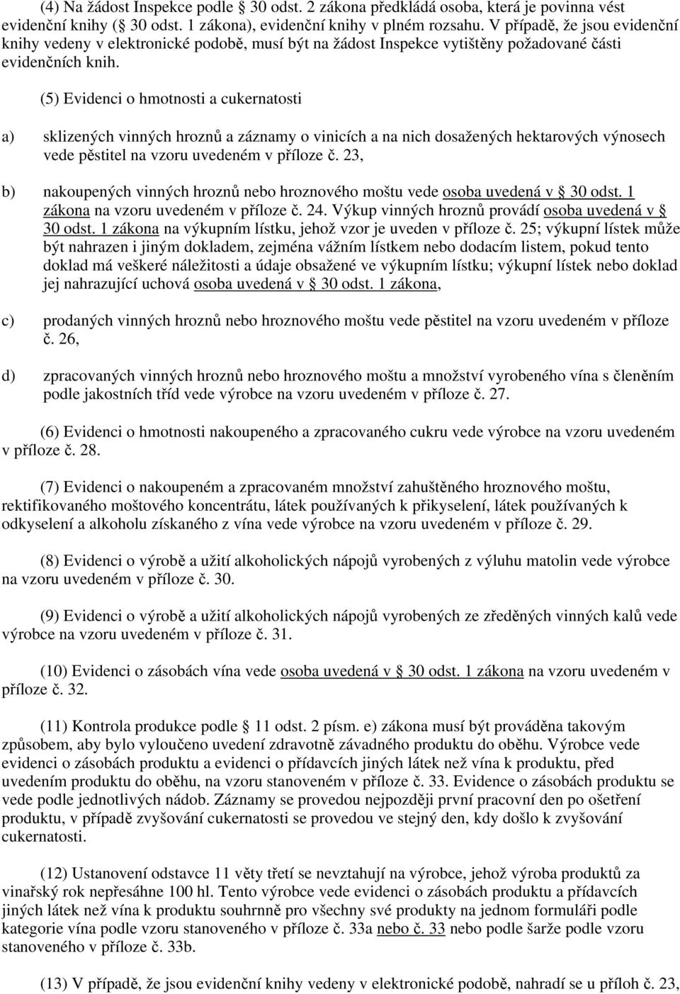 (5) Evidenci o hmotnosti a cukernatosti a) sklizených vinných hroznů a záznamy o vinicích a na nich dosažených hektarových výnosech vede pěstitel na vzoru uvedeném v příloze č.