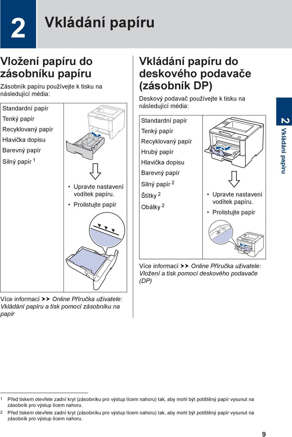 Prolistujte papír Vkládání papíru do deskového podavače (zásobník DP) Deskový podavač používejte k tisku na následující média: Standardní papír Tenký papír Recyklovaný papír Hrubý papír Hlavička