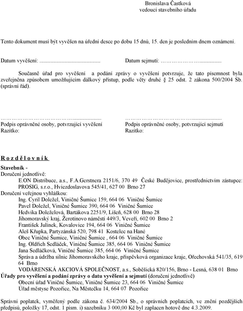 (správní řád).... Podpis oprávněné osoby, potvrzující vyvěšení Razítko:... Podpis oprávněné osoby, potvrzující sejmutí Razítko: R o z d ě l o v n í k Stavebník - Doručení jednotlivě: E.