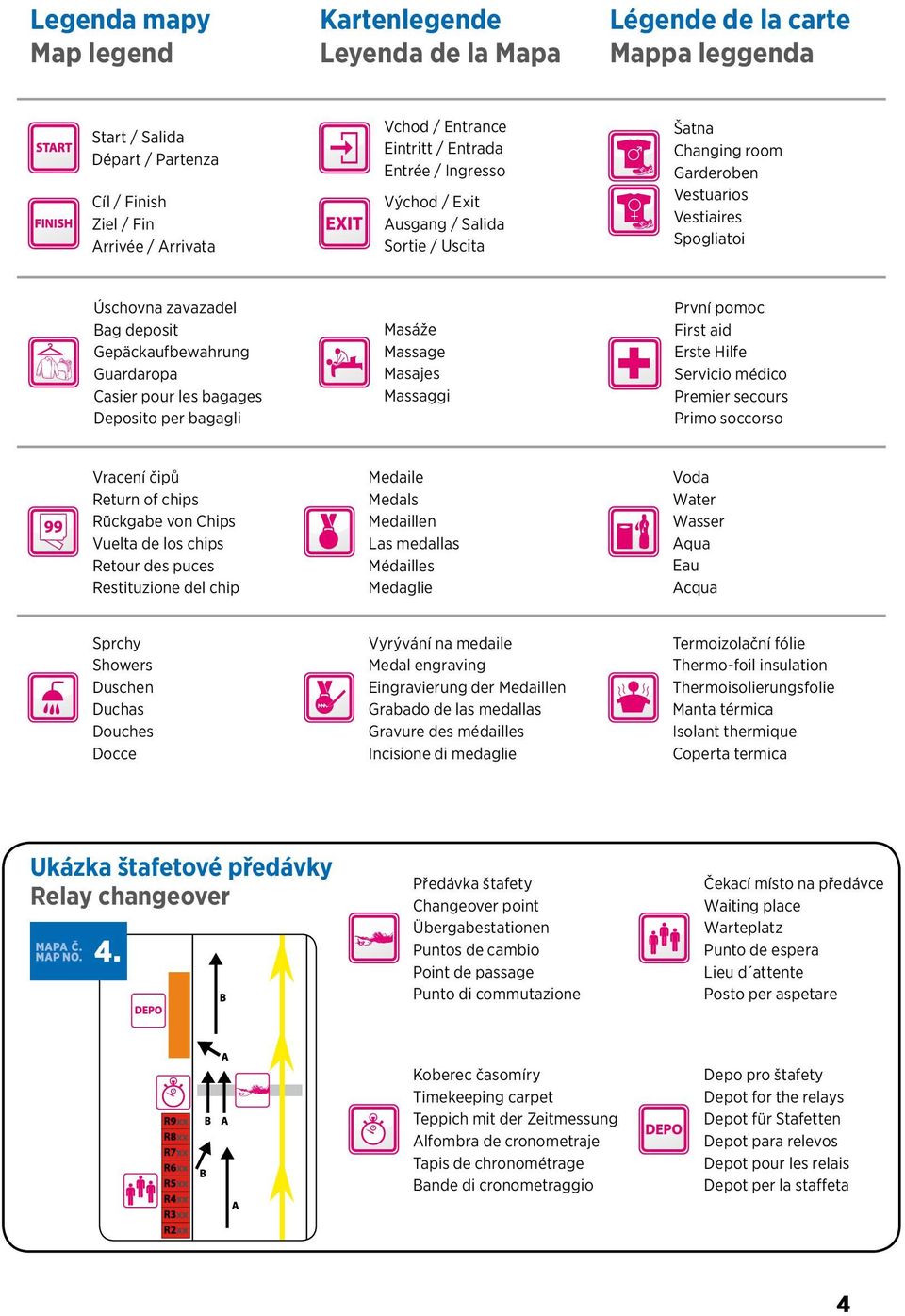 Casier pour les bagages Deposito per bagagli Masáže Massage Masajes Massaggi První pomoc First aid Erste Hilfe Servicio médico Premier secours Primo soccorso Vracení čipů Return of chips Rückgabe von