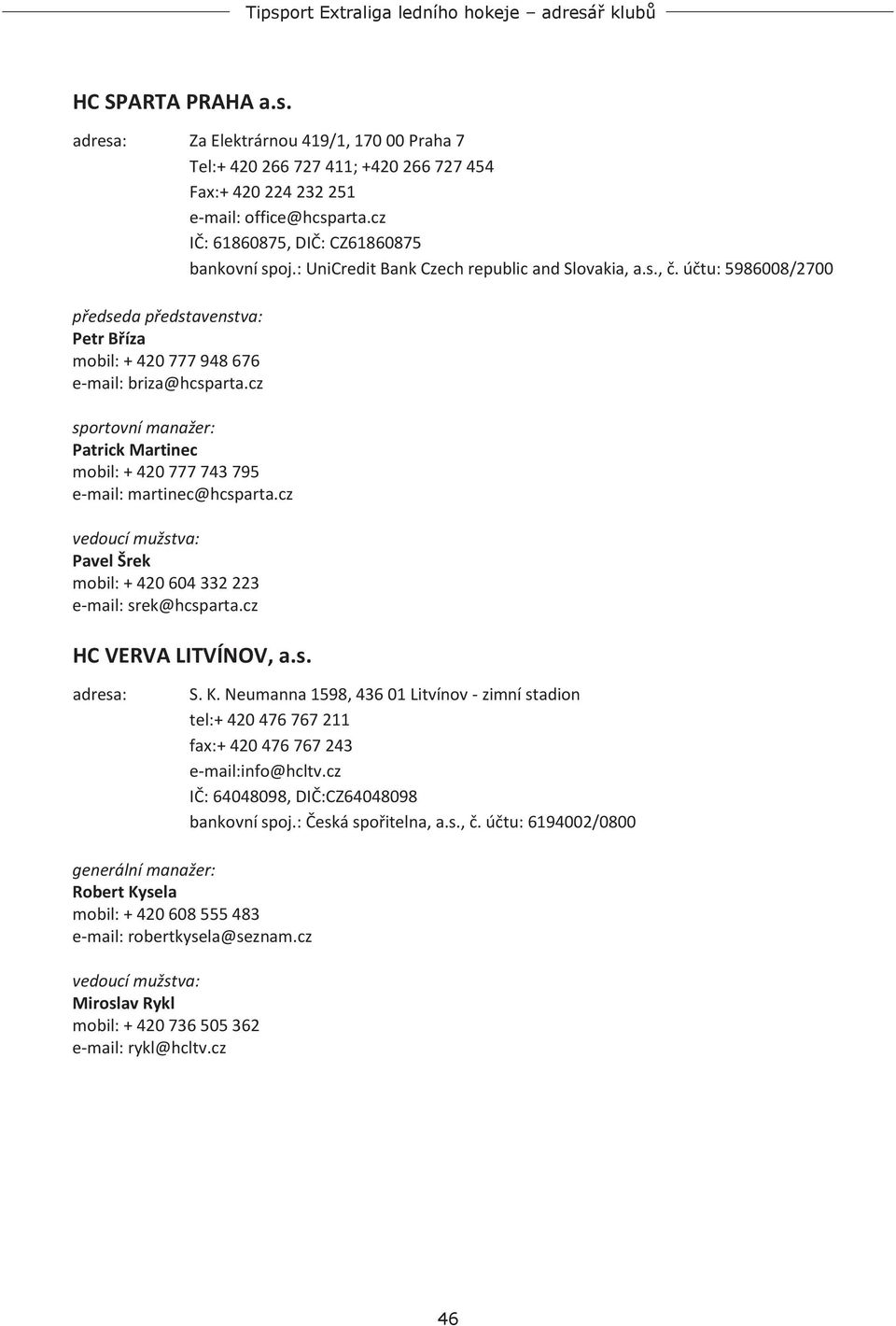 cz Patrick Martinec mobil: + 420 777 743 795 e-mail: martinec@hcsparta.cz Pavel Šrek mobil: + 420 604 332 223 e-mail: srek@hcsparta.cz HC VERVA LITVÍNOV, a.s. S. K.