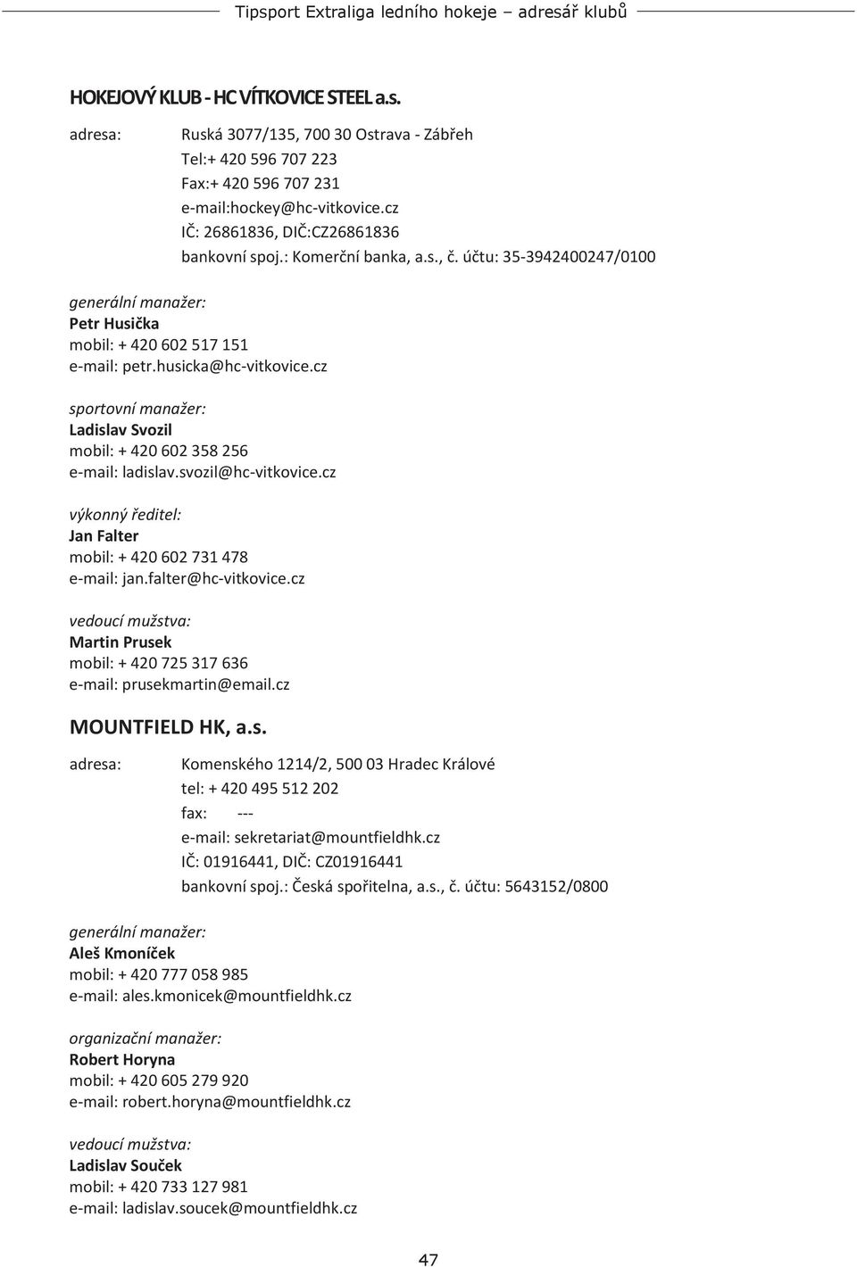 svozil@hc-vitkovice.cz výkonný ředitel: Jan Falter mobil: + 420 602 731 478 e-mail: jan.falter@hc-vitkovice.cz Martin Prusek mobil: + 420 725 317 636 e-mail: prusekmartin@email.cz MOUNTFIELD HK, a.s. Komenského 1214/2, 500 03 Hradec Králové tel: + 420 495 512 202 fax: --- e-mail: sekretariat@mountfieldhk.
